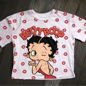 Betty Boop White Crop Top Tee Shirt Red Lip Print Ladies Medium Pre-Owned